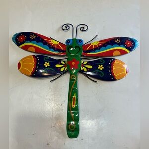 Colorful Metal Dragonfly Wall Decor - Green Body with Multi-Color Wings